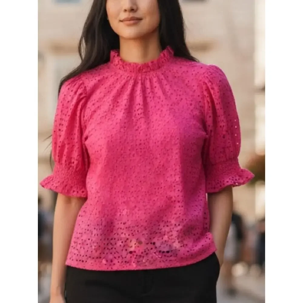 J. Crew NWT Smocked Ruffle Puff Sleeve Top Women's Pink Eyelet Lace Size Small